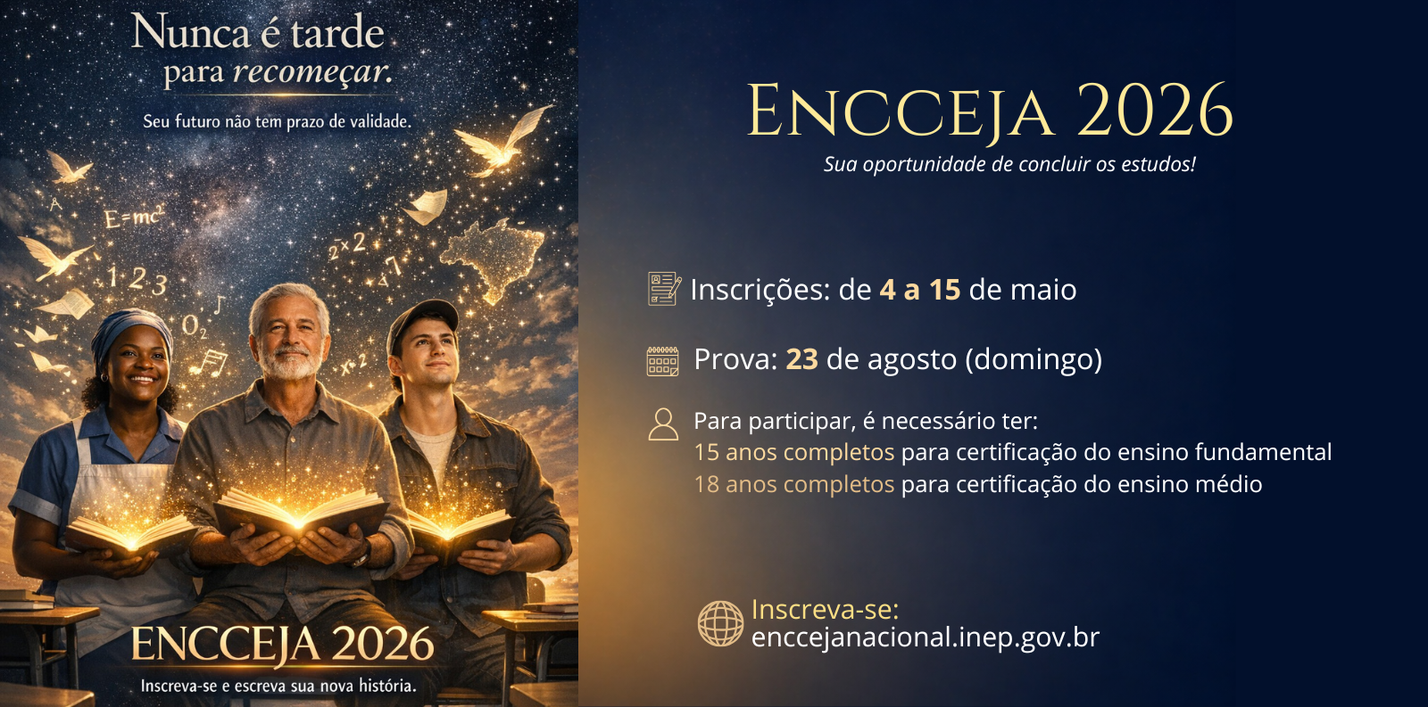 Encceja 2026 abre inscrições em maio e será realizado em agosto